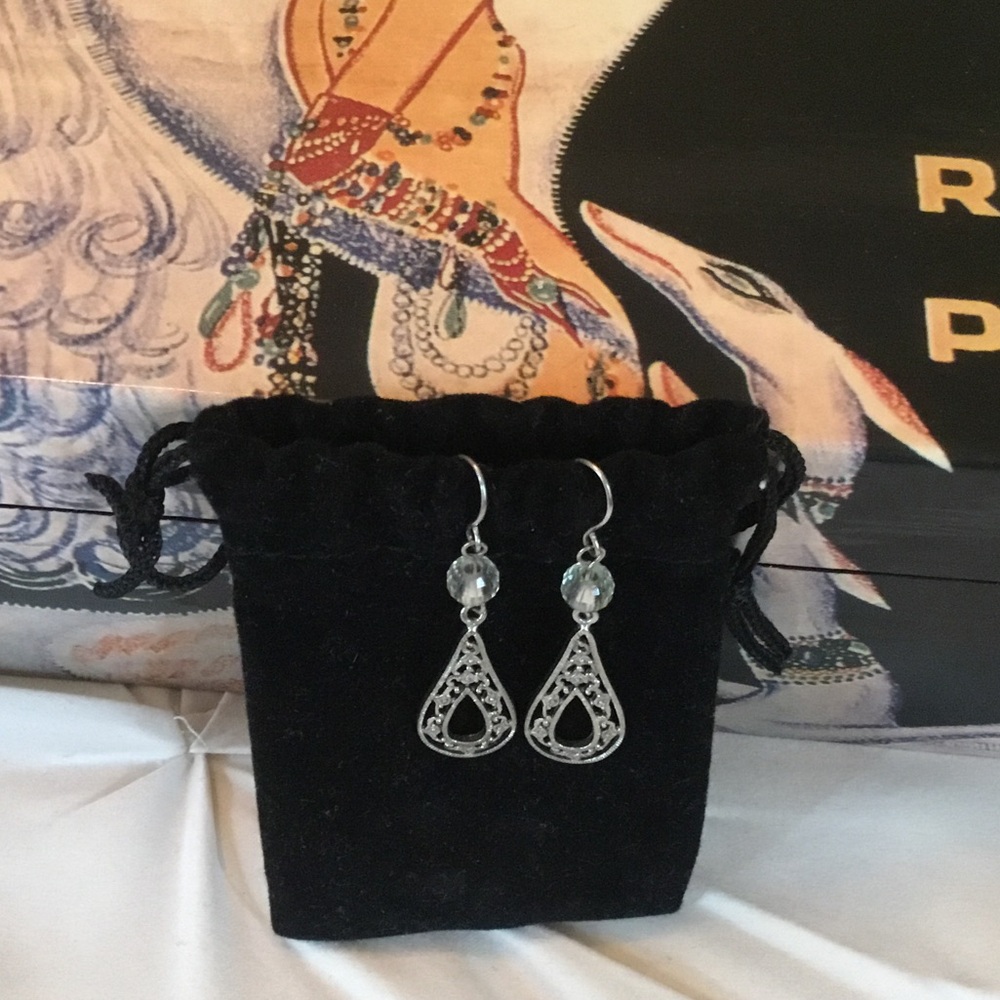 Delicate Silver Teardrop Filigree Earrings with Faceted Beads - Silver